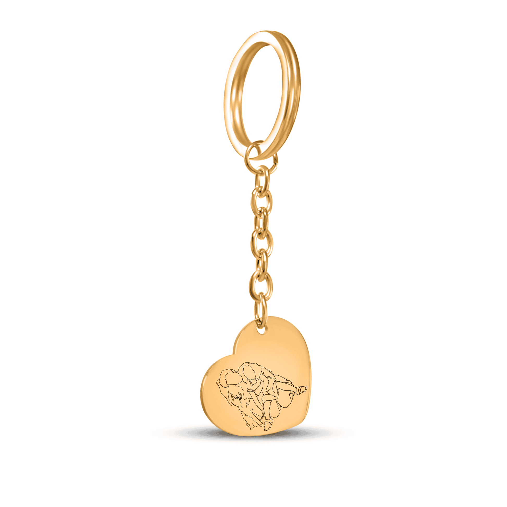 Gold heart keychain personalized with line art couple portrait engraving