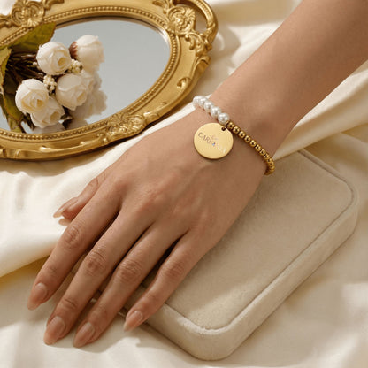 Mother of Pearl Bracelet with Personalized Gold Coin