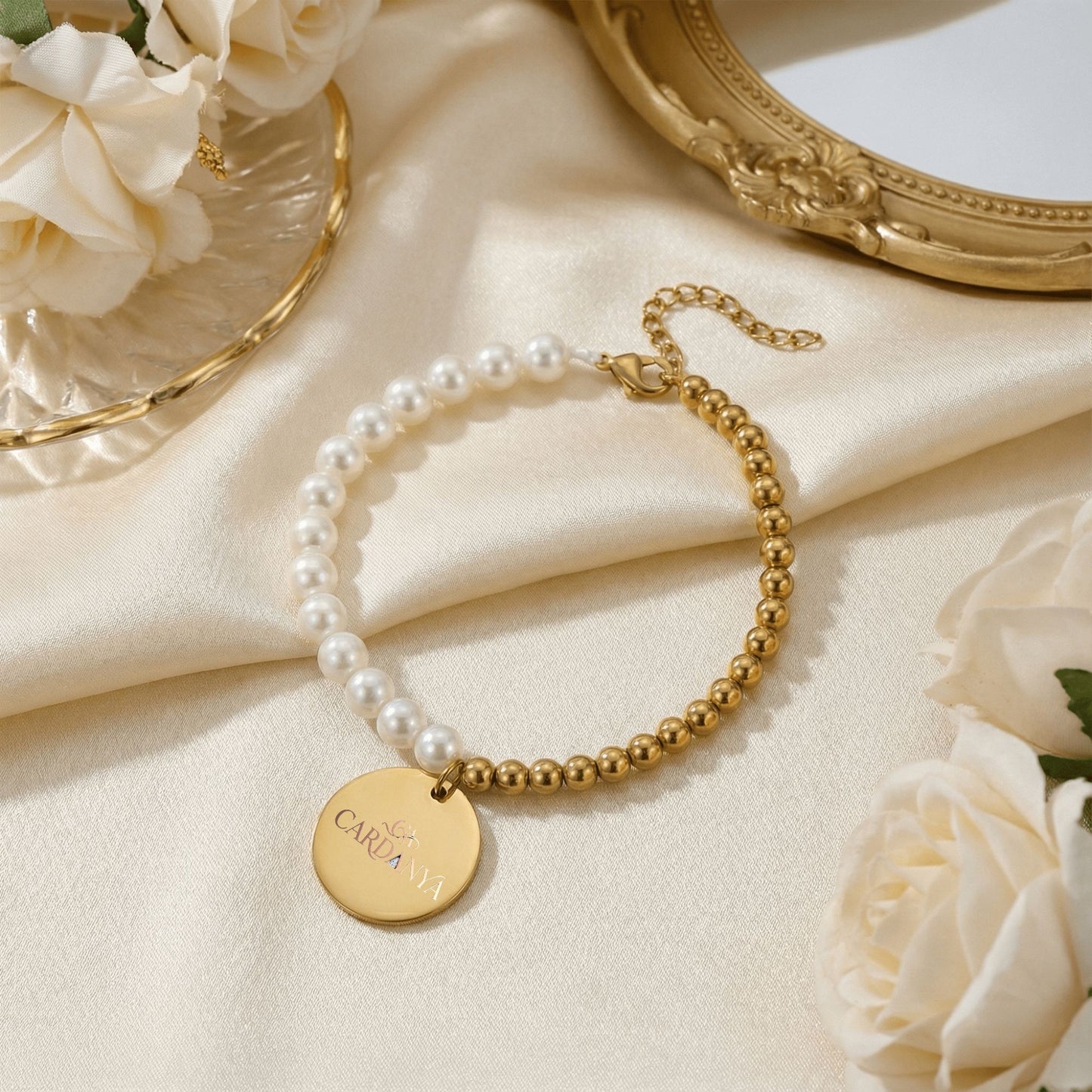 Mother of Pearl Bracelet with Personalized Gold Coin