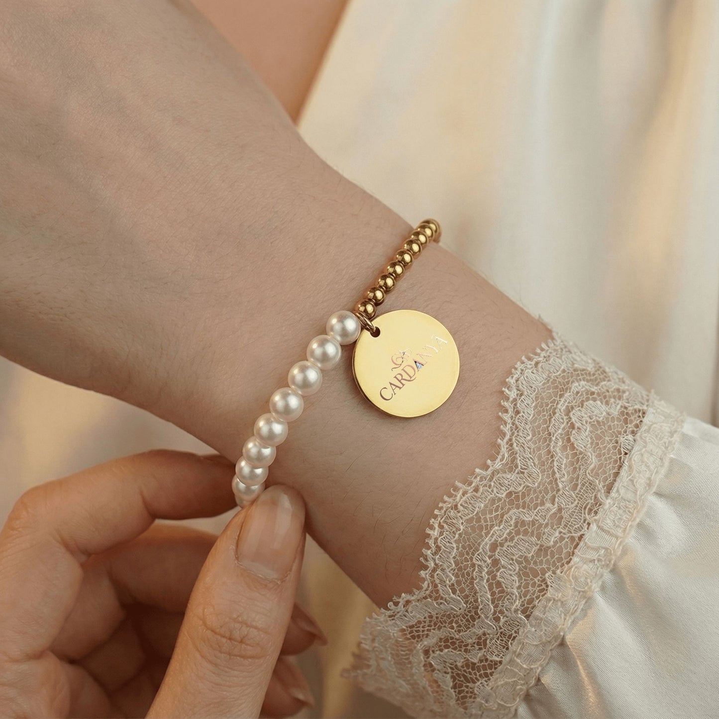 Mother of Pearl Bracelet with Personalized Gold Coin