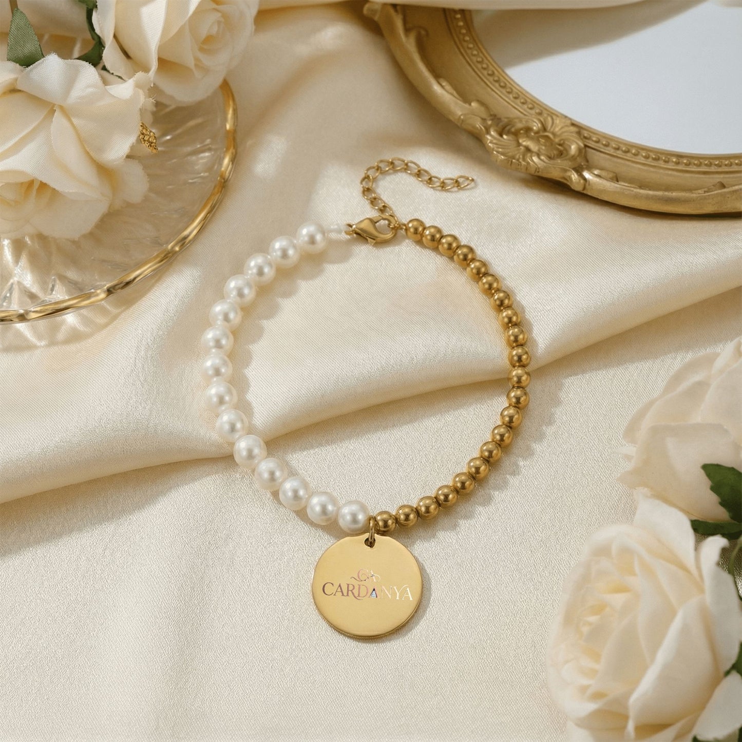 Mother of Pearl Bracelet with Personalized Gold Coin