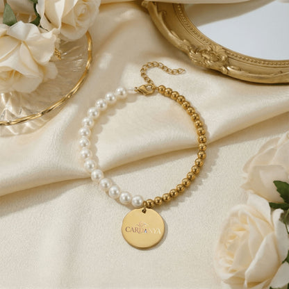 Mother of Pearl Bracelet with Personalized Gold Coin